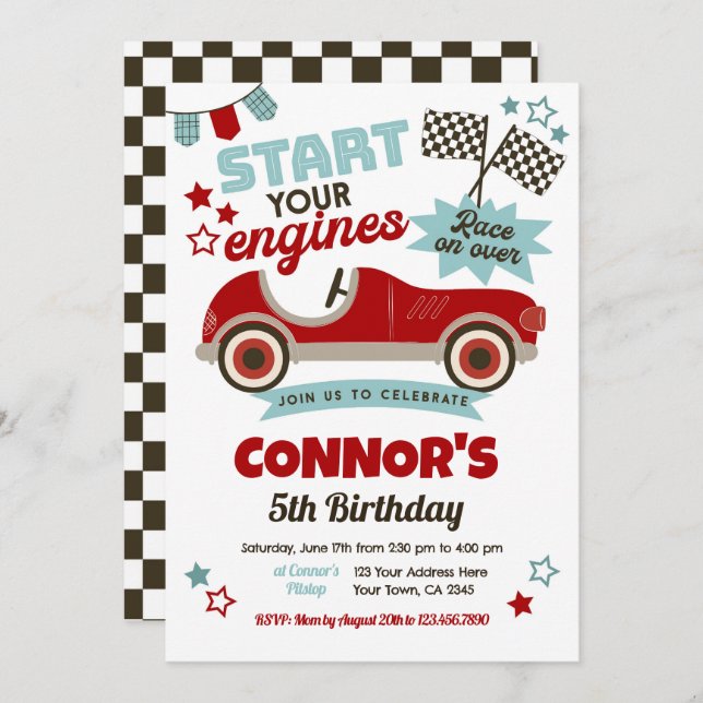 Convites Race Car Themed Party (Frente/Verso)