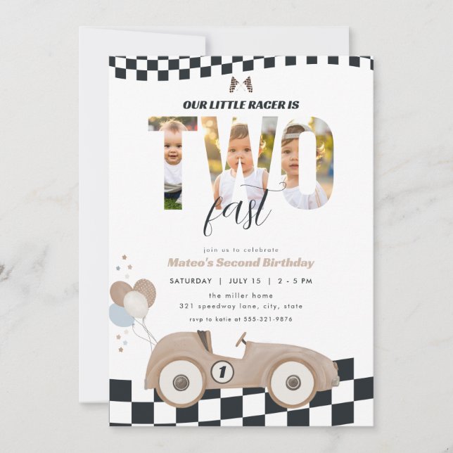 Convites Race Car Two Fast Second Birthday Invite w/ Photo (Frente)