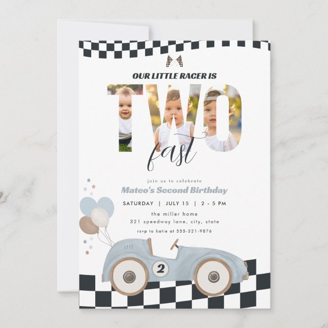 Convites Race Car Two Fast Second Birthday Invite w/ Photo (Frente)