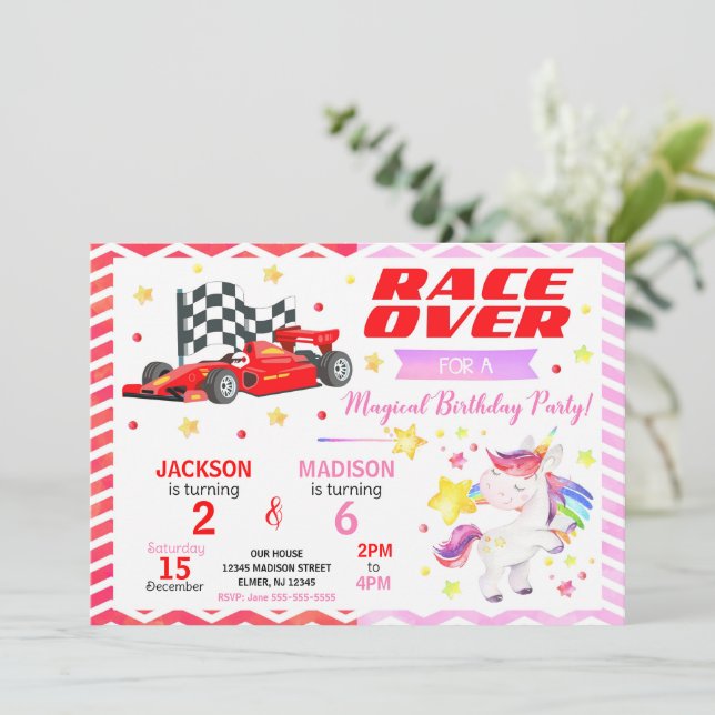 Convites Race Car & Unicorn Joint Birthday Invitation (Em pé/Frente)