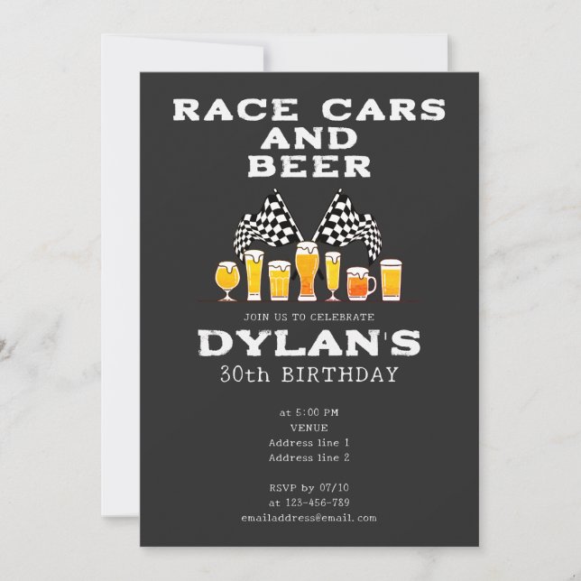 Convites Race Cars and Beer Checked Flag Raceday Birthday (Frente)