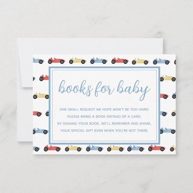 Convites Race Cars Blue Boy Baby Shower Books For Baby Card (Frente)