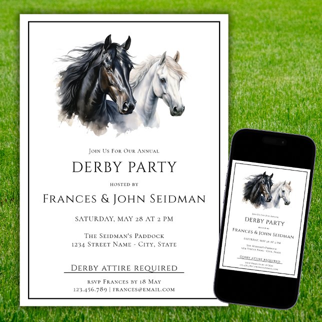 Convites Race Horse Derby Party Simples Elegante Branco (Criador carregado)