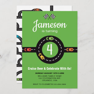 Convites Race Track Boys 4th Birthday Green