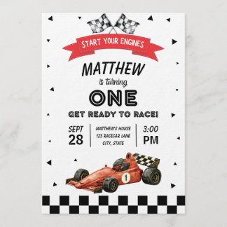 Convites Racecar First Birthday Retro Watercolor