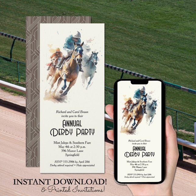 Convites Racecavalo e Jockeys Brown Derby Party (Racehorses and Jockeys Derby Party Invitations - INSTANT DOWNLOAD and/or PRINTED or both!)