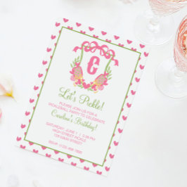 Convites Racetes de Pickleball Rosa & Verde com Brasão Mono