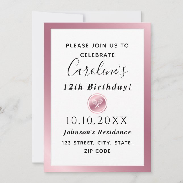 Convites Rackets de Tênis Dourada Elegante para Rosa, rapar (Frente)