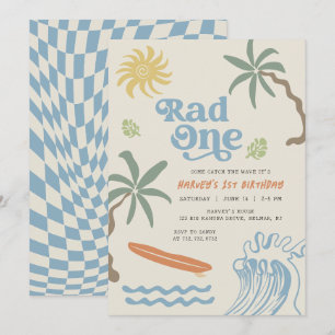 Convites Rad One Retro Surf Pequeno Cara Primeiro Aniversár
