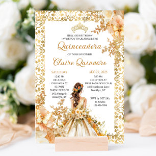 Convites Radiant Bloom Floral Princesa Dourada Quinceanera
