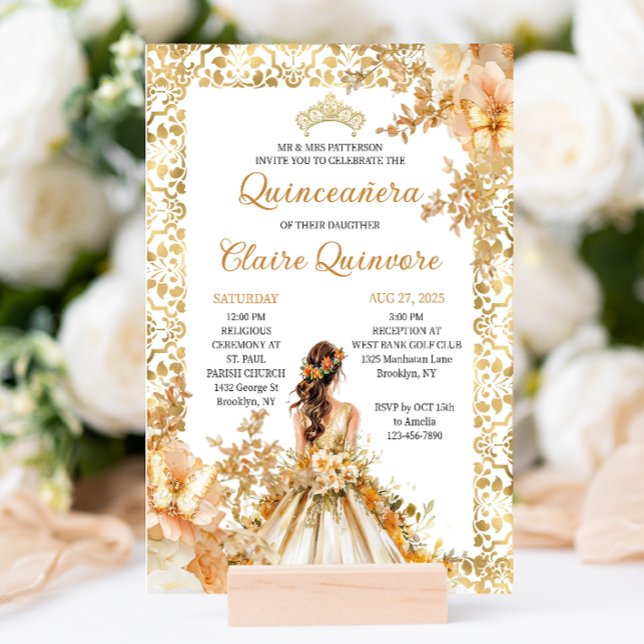 Convites Radiant Bloom Floral Princesa Dourada Quinceanera (Criador carregado)
