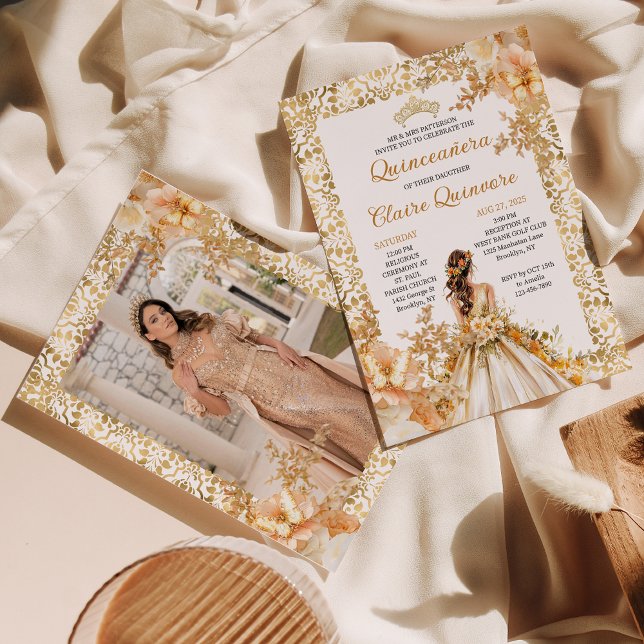 Convites Radiant Bloom Floral Princess Photo Quinceanera (Criador carregado)