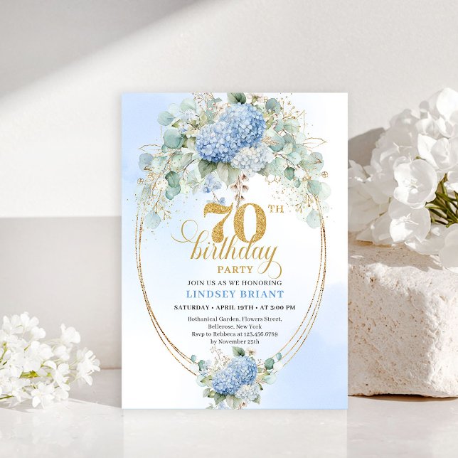 Convites Radiant Boho Blue Floral Gold Frame 70th Birthday (Radiant Blue Floral Gold Frame 70th Birthday Invite

)