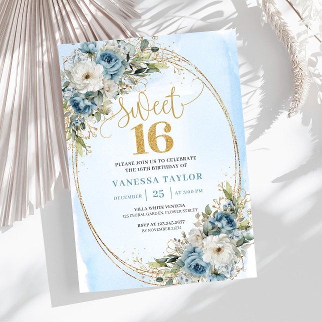 Convites Radiant Dusty Blue Floral Sweet Sixteen Birthday  (Radiant Dusty Blue Floral Sweet Sixteen Birthday Invitation

)