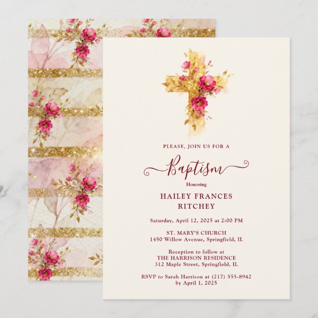 Convites Radiant Golden Sparkle Botanical Cross Baptism (Frente/Verso)