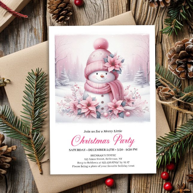 Convites Radiant Pink Coquette Snowman Kids Christmas  (Radiant Pink Coquette Snowman Kids Christmas Invite File)