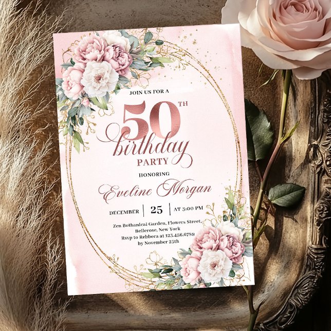 Convites Radiant Rose Gold Blush Floral 50º Aniversário  (Radiant Rose Gold Blush Floral 50th Birthday Invitation

)