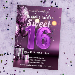 Convites Radiant Sweet 16 Sparkle com Elegância Roxa