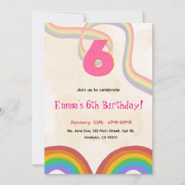 Convites Rainbow 6th Birthday Party, Girl Invitation