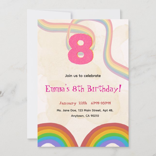 Convites Rainbow 8th Birthday Party, Pink Girl Invitation (Frente)