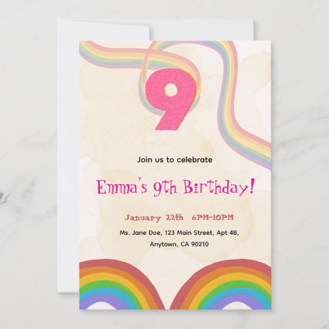 Convites  Rainbow 9th Birthday Party Invitation (Frente)