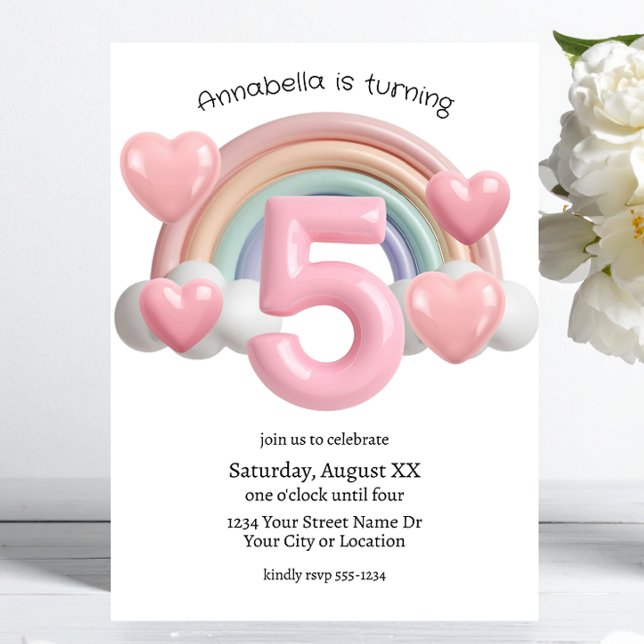 Convites Rainbow and Hearts 3D 5th Birthday Party (Criador carregado)