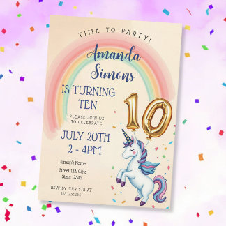 Convites Rainbow Arch Unicorn Confetti Girl 10th Birthday