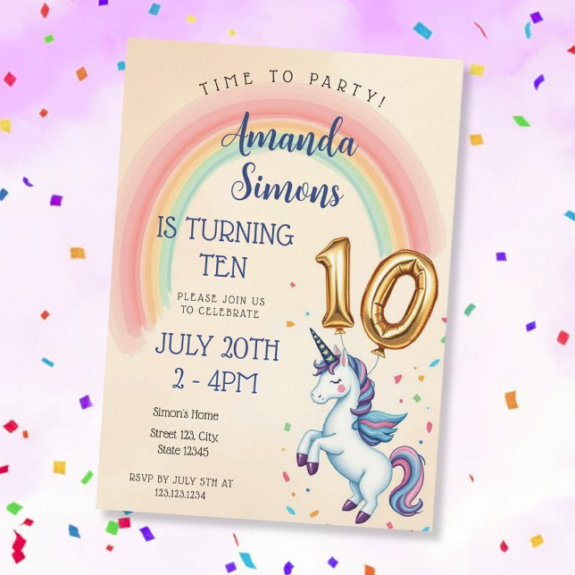 Convites Rainbow Arch Unicorn Confetti Girl 10th Birthday (Criador carregado)