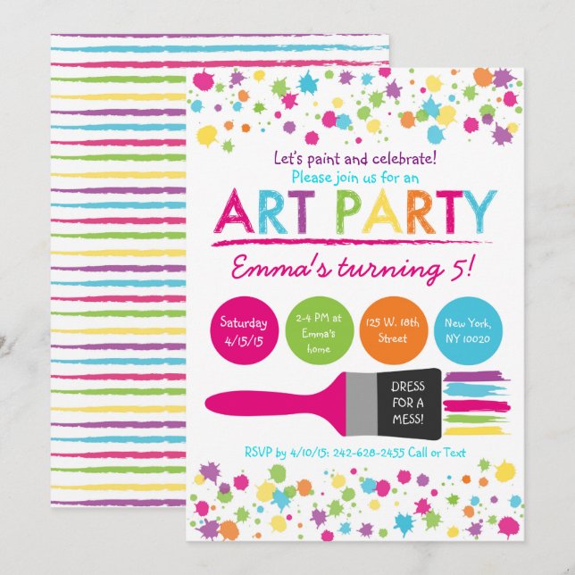 Convites Rainbow Art Party Birthday (Frente/Verso)