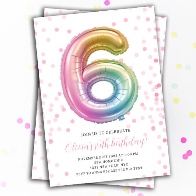 Convites Rainbow Balloon 6 Birthday (6th Rainbow Balloon Number Girl party Birthday Invitations)