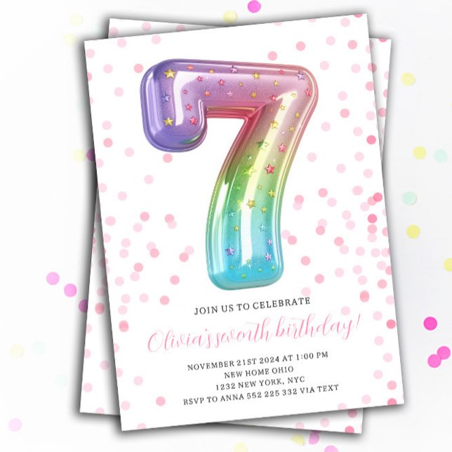 Convites Rainbow Balloon 7 Birthday (7th Birthday Rainbow Balloon Number Girl Invitations)