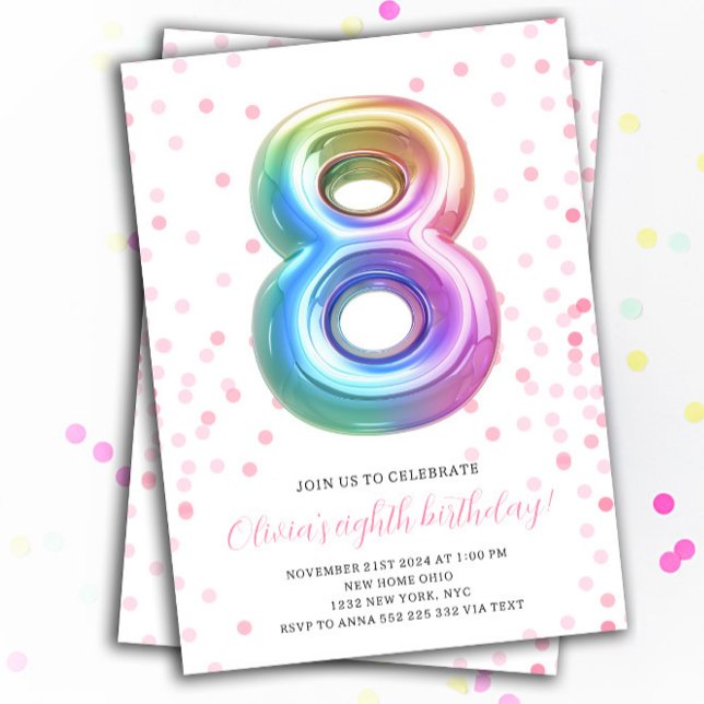 Convites Rainbow Balloon 8º Aniversário Festa Número (8th Rainbow Balloon Number Birthday Invitation)