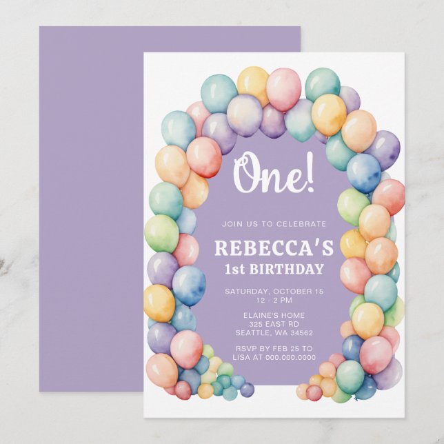 Convites Rainbow Balloon Arch Any Age Birthday (Frente/Verso)