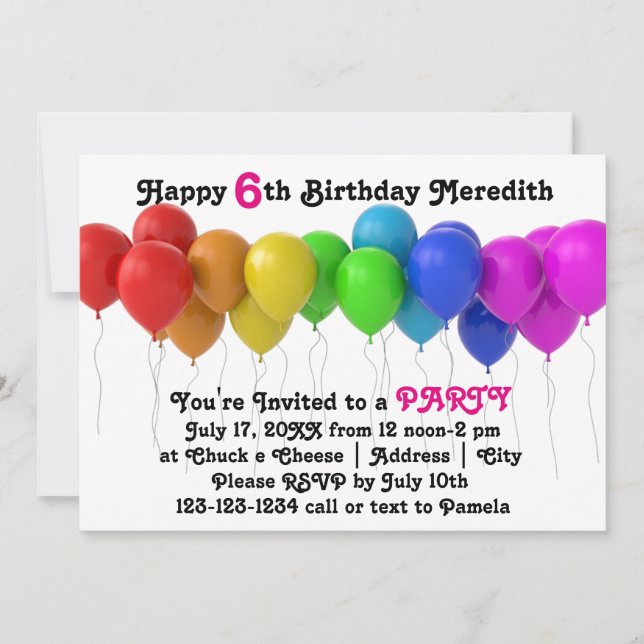 Convites Rainbow Balloons - Aniversário Rosa (Frente)