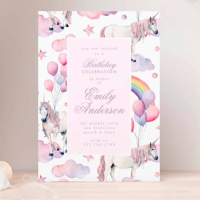 Convites Rainbow Balloons Unicorn Festa de aniversário Rosa (Criador carregado)