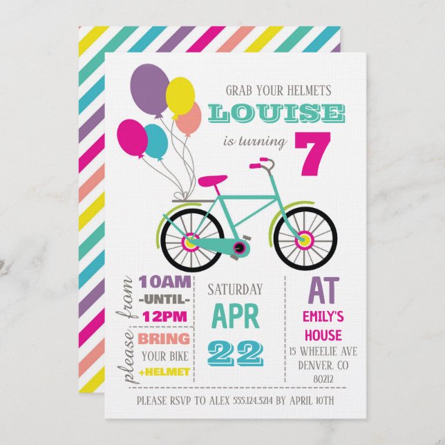 Convites Rainbow Bicycle Birthday Party (Frente/Verso)