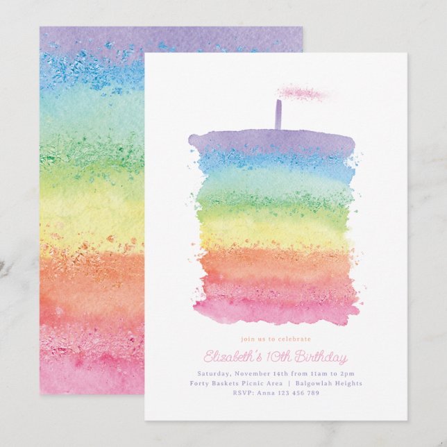 Convites Rainbow Birthday Cake Invite, Rainbow 1rua Party (Frente/Verso)