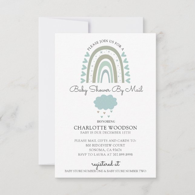 Convites Rainbow Blue Baby Boy Chá Por Correio (Frente)