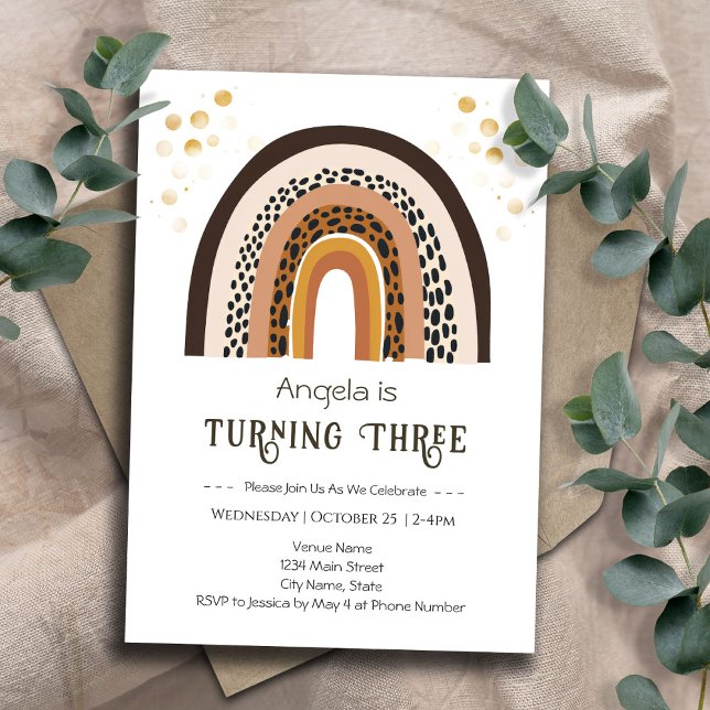 Convites Rainbow Boho Animal Print aniversário de 3 anos (Criador carregado)