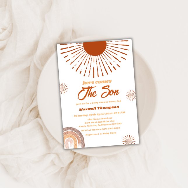 Convites Rainbow Boho Vem O Chá de fraldas Do Filho (Rainbow Boho Here Comes The Son Baby Shower Invitation)