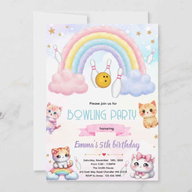Convites Rainbow bowling cat party invitation (Frente)