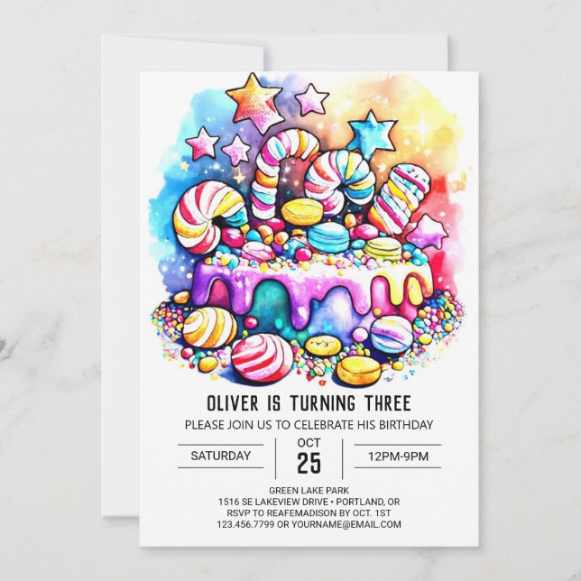 Convites Rainbow Candyland - Aniversário Editável (Frente)