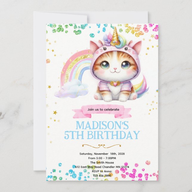 Convites  Rainbow Caticorn Birthday invitation (Frente)