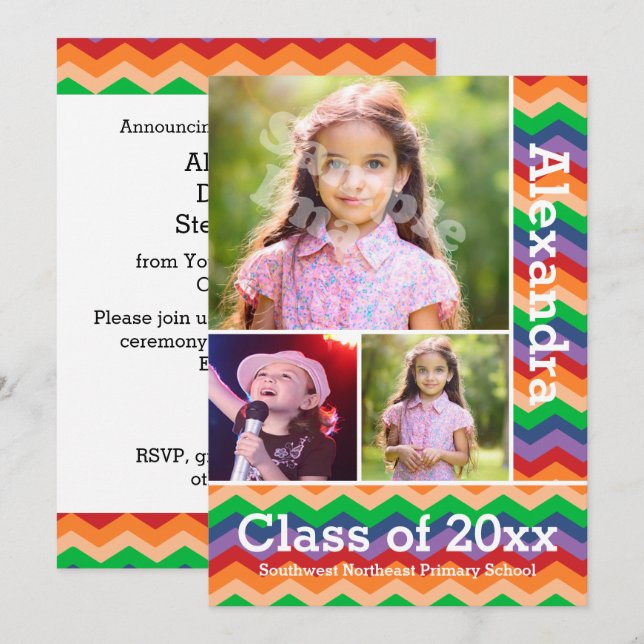 Convites Rainbow Chevron Kid's Photo Graduation Preschool/K (Frente/Verso)