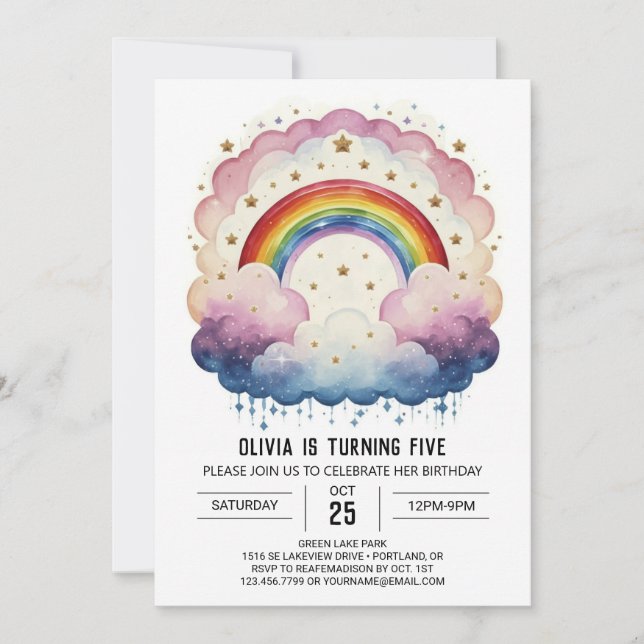 Convites Rainbow Chic Clouds Aniversário (Frente)