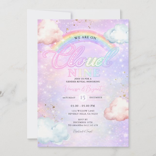 Convites Rainbow Cloud Galaxy Glitter Gender Reveal  (Frente)