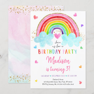 Convites Rainbow Cloud Hearts Pink Dourado Birthday