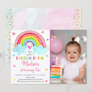 Convites Rainbow Cloud Hearts Pink Dourado Birthday