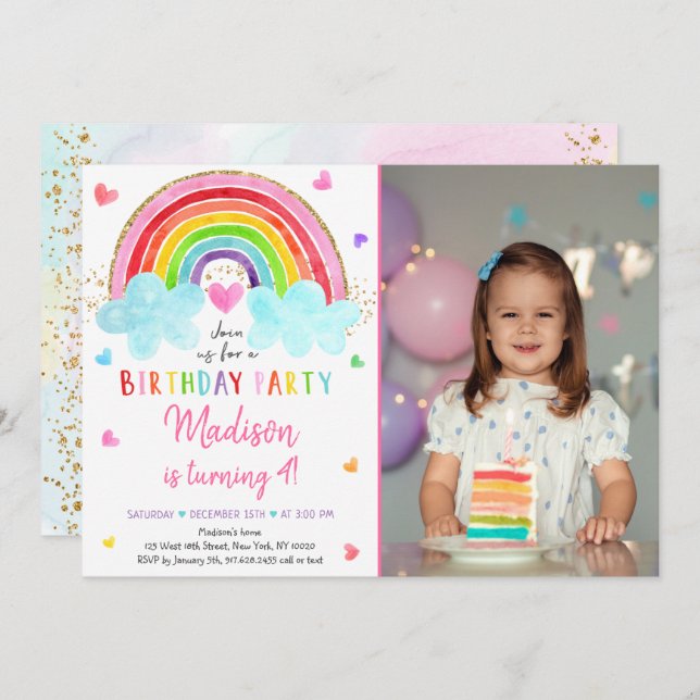 Convites Rainbow Cloud Hearts Watercolor Birthday (Frente/Verso)