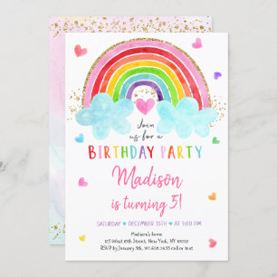 Convites Rainbow Cloud Hearts Watercolor Birthday